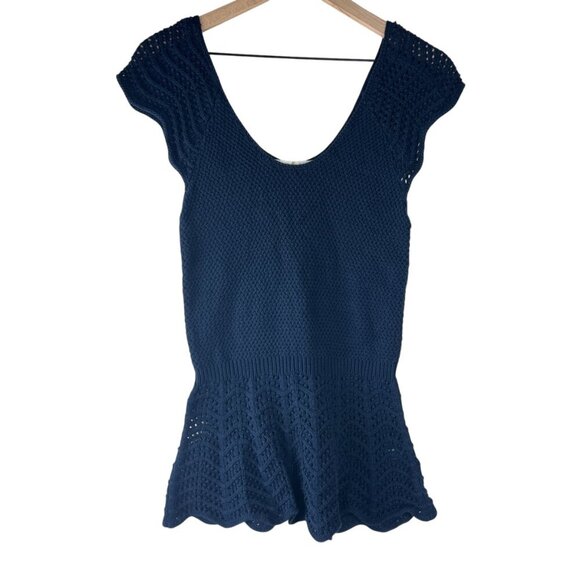 Marie Oliver Tops - Marie Oliver Navy Blue Crochet Knit Scoop Neck Peplum Top